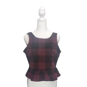American Eagle Plaid Sleeveless Peplum Top Burgundy Brown S